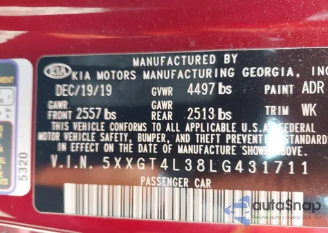 2020 Kia Optima Se из США, поврежденный, VIN 5XXGT4L38LG431711